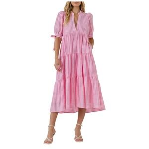 English Factory Pink Gingham Tiered Midi Dress Puff Sleeve Tie Cuff Womens S